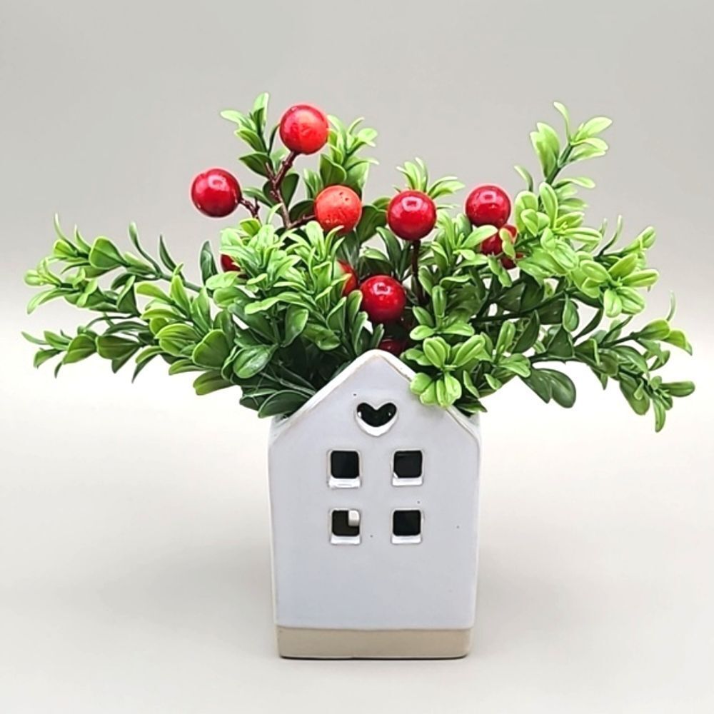 Little White House with Faux Plant & Red Berries, NWOT - Picture 4 of 4